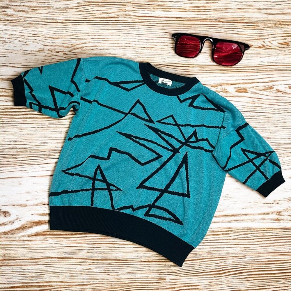 80s Streetwear Abstract Graphic Sweater – Teal & Black Pullover